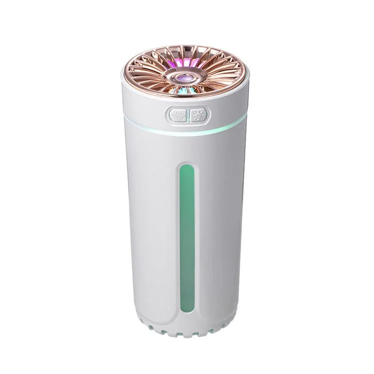 Black portable USB rechargeable humidifier with colourful LED lights on a car cup holder