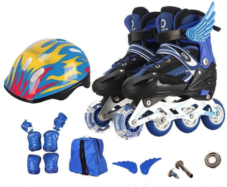 Children's adjustable roller skates with aluminium frame, PU foam wheels, and full protective gear set in chosen colour