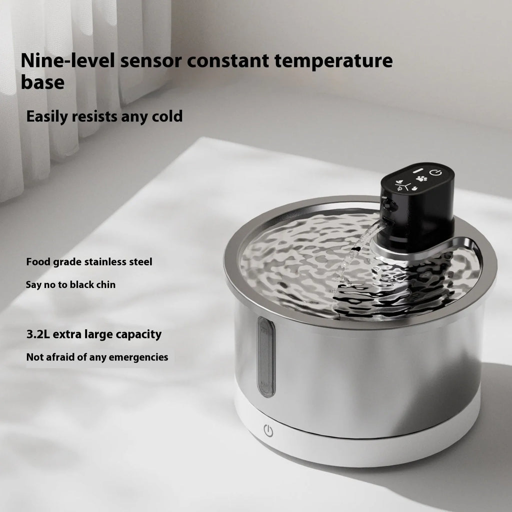 Stainless steel automatic pet water fountain with heater and thermostat control.