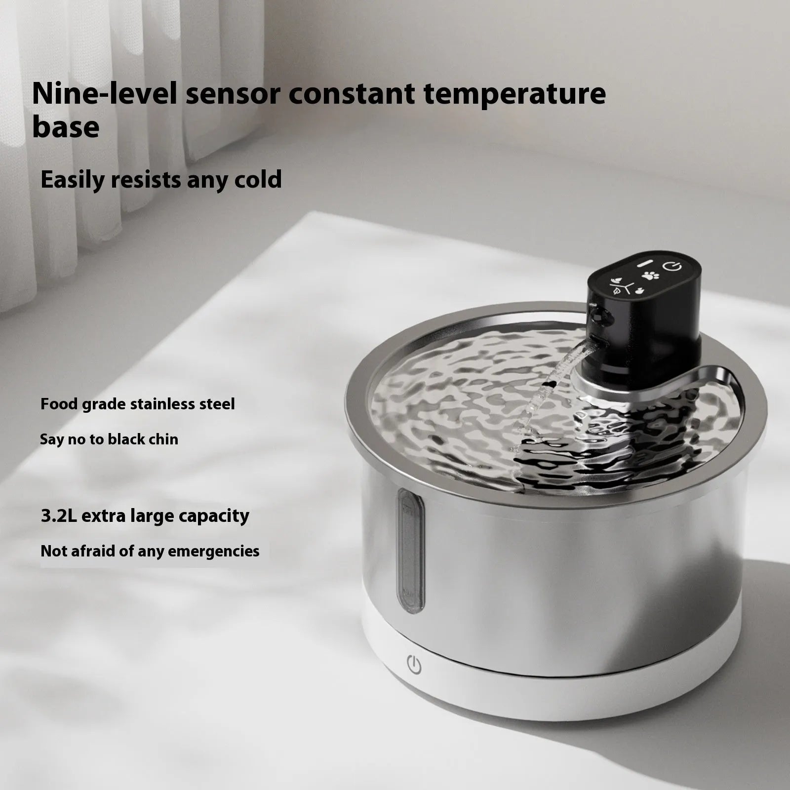 Stainless steel automatic pet water fountain with heater and thermostat control.