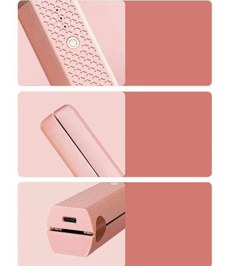 Pink and green mini cordless USB hair straightener and curler with ceramic plates.