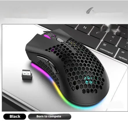 BM600 hollow out honeycomb wireless gaming mouse in black, cyan, or white colour with USB receiver.