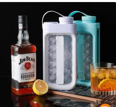 Light blue and white 2-in-1 ice ball cold kettle showing ice tray and bottle functions