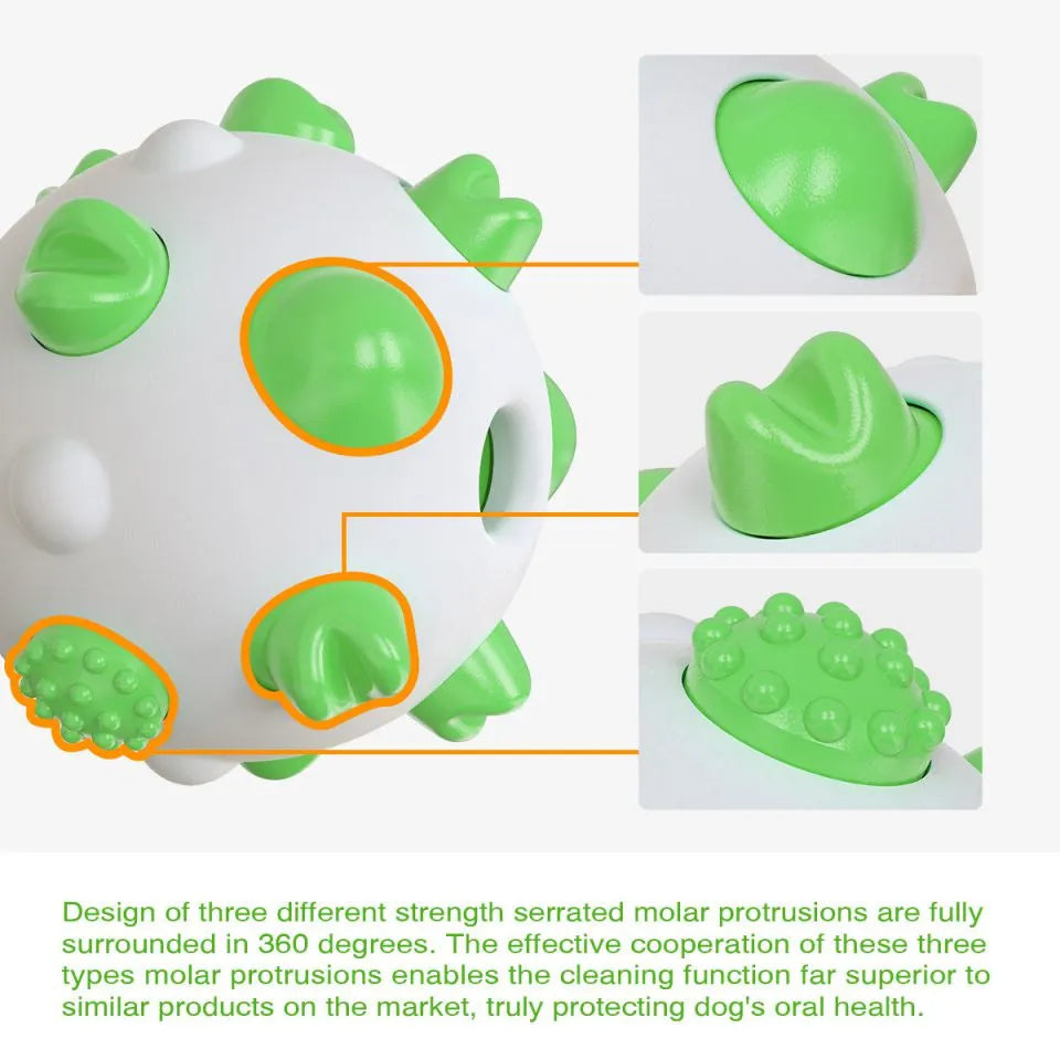 Blue green and yellow spherical dog chew toy with textured bumps and a hollow centre.
