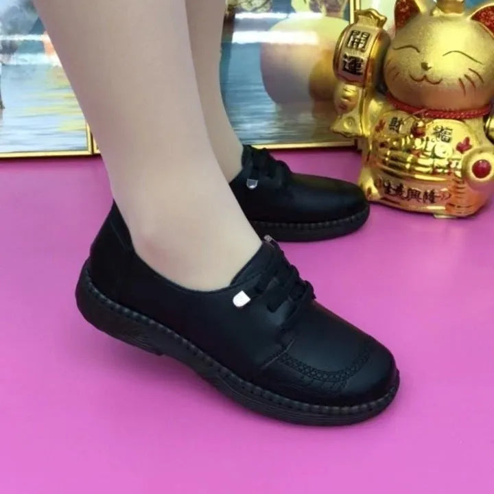 Soft leather women's low-heel non-slip shoes black brown PU leather beef tendon bottom lace-up autumn footwear
