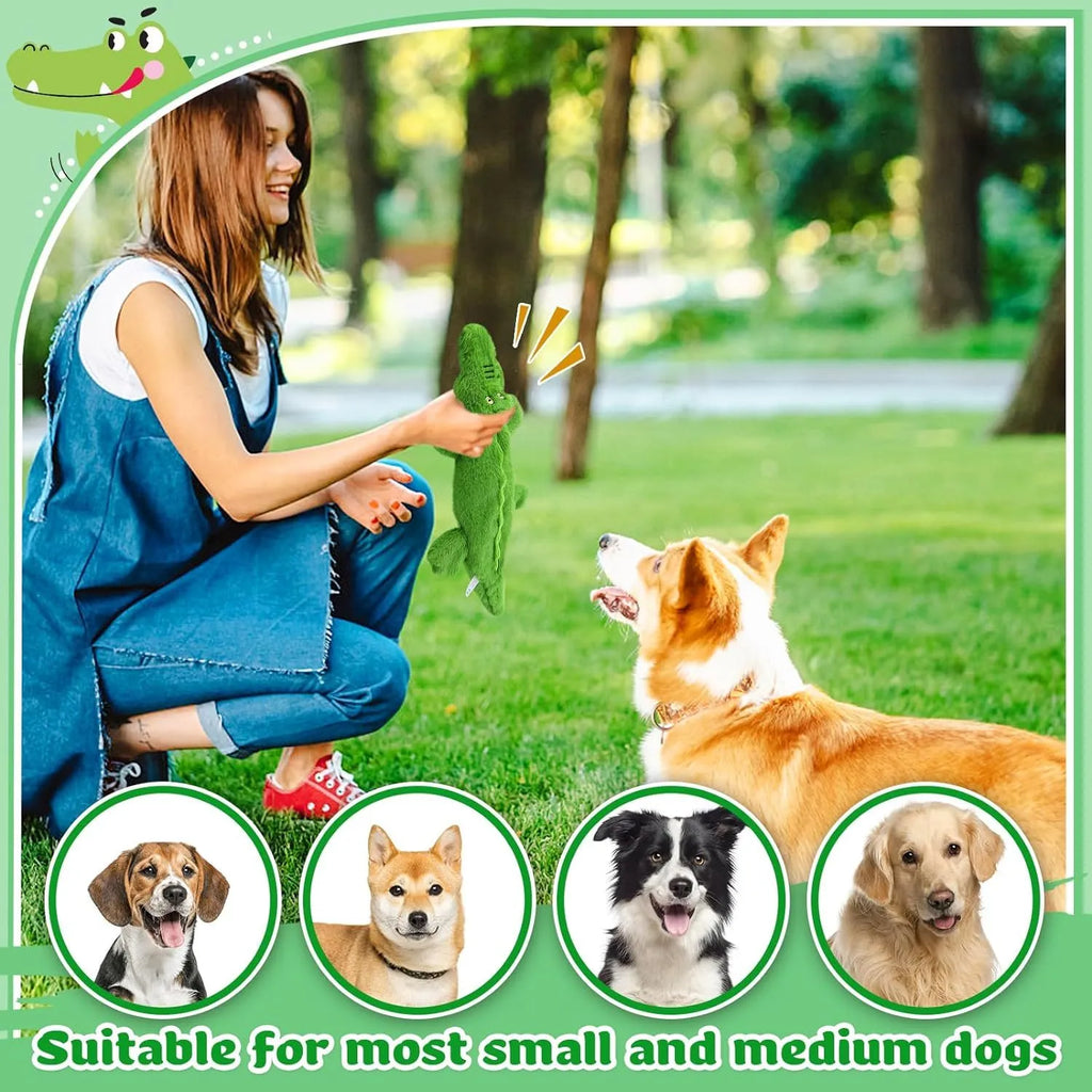 Green crocodile-shaped dog toy with squeaker and crinkle features for aggressive chewers