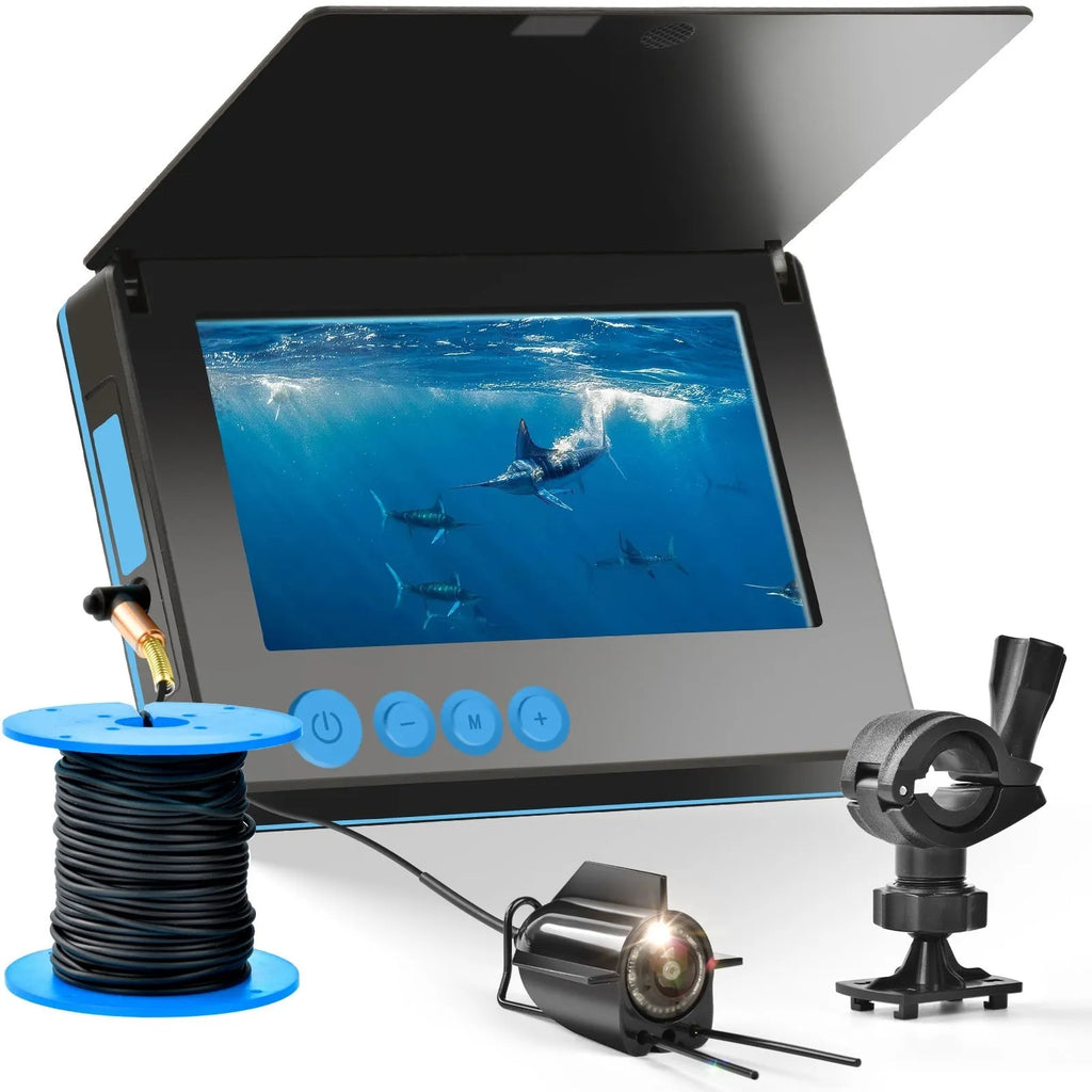 Underwater fishing camera with 4.3-inch screen, camera unit, and coiled cable on a fishing boat deck