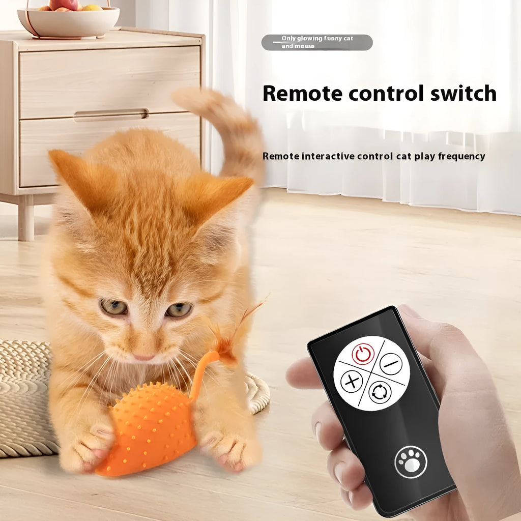 Remote control silicone mouse cat toy with feather attachment in cyan, orange, or yellow colours