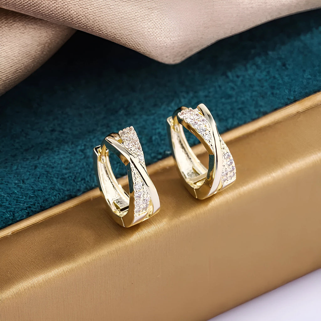 Copper geometric drop earrings with zircon stones and 14K yellow gold coloured finish