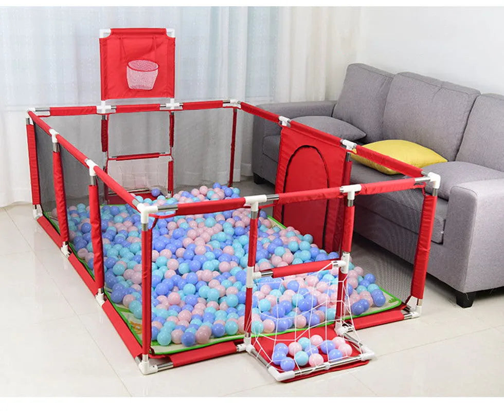 Large blue children's playpen tent with stainless steel frame and Oxford cloth walls set up indoors.