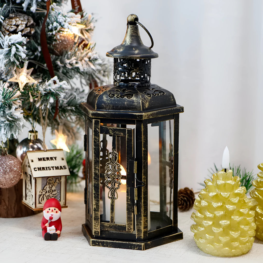 Nordic retro black metal and glass candle holder on a table