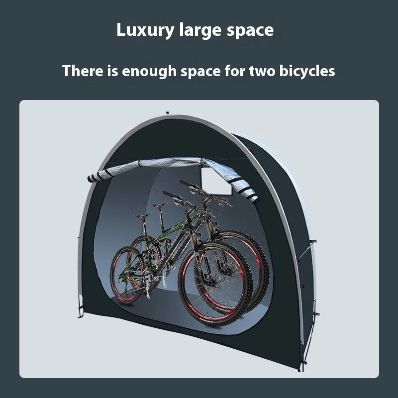 Black outdoor bicycle storage tent showing roof design and dimensions for two bikes