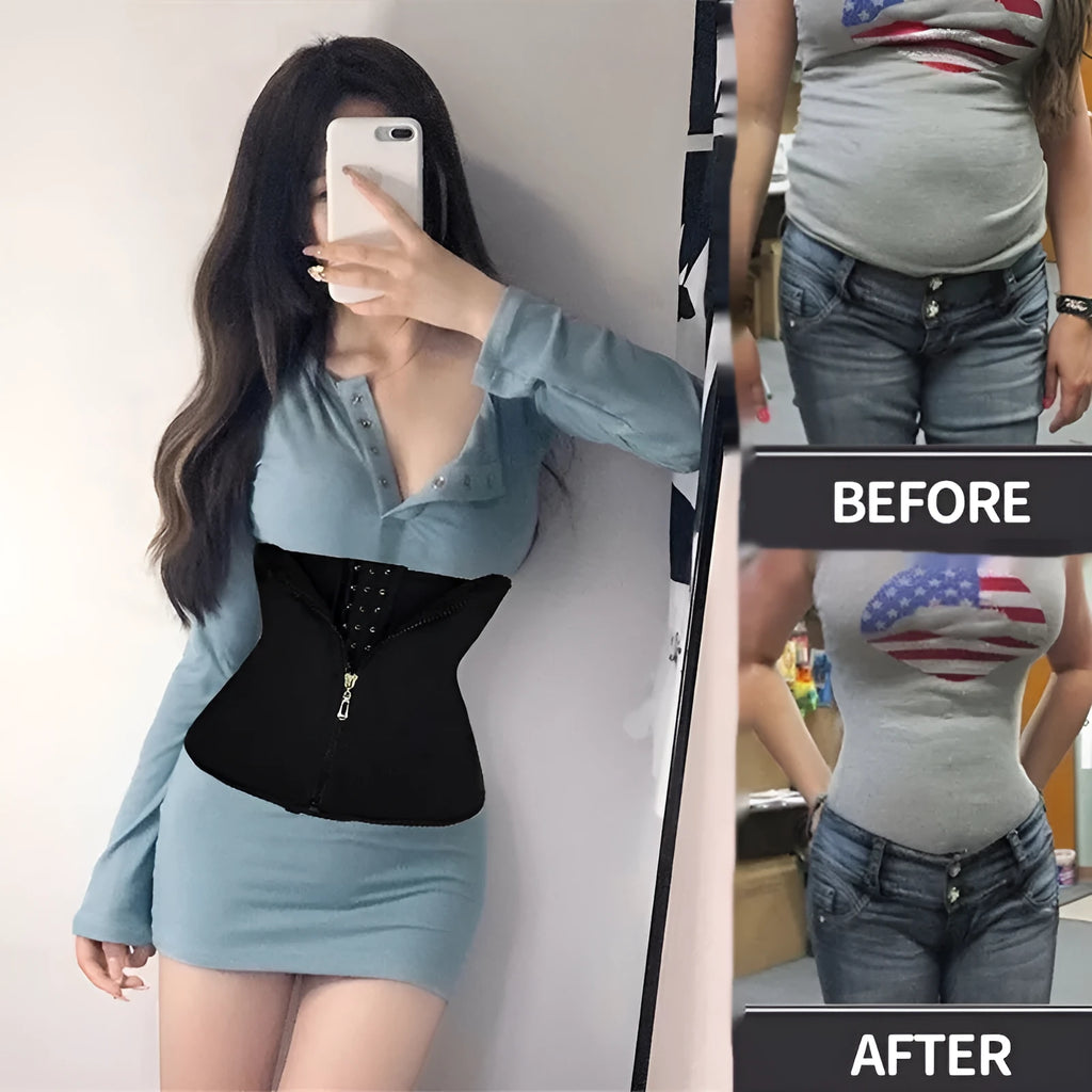 A black neoprene breasted body shaping belly band laid flat, showing its high-waist design.