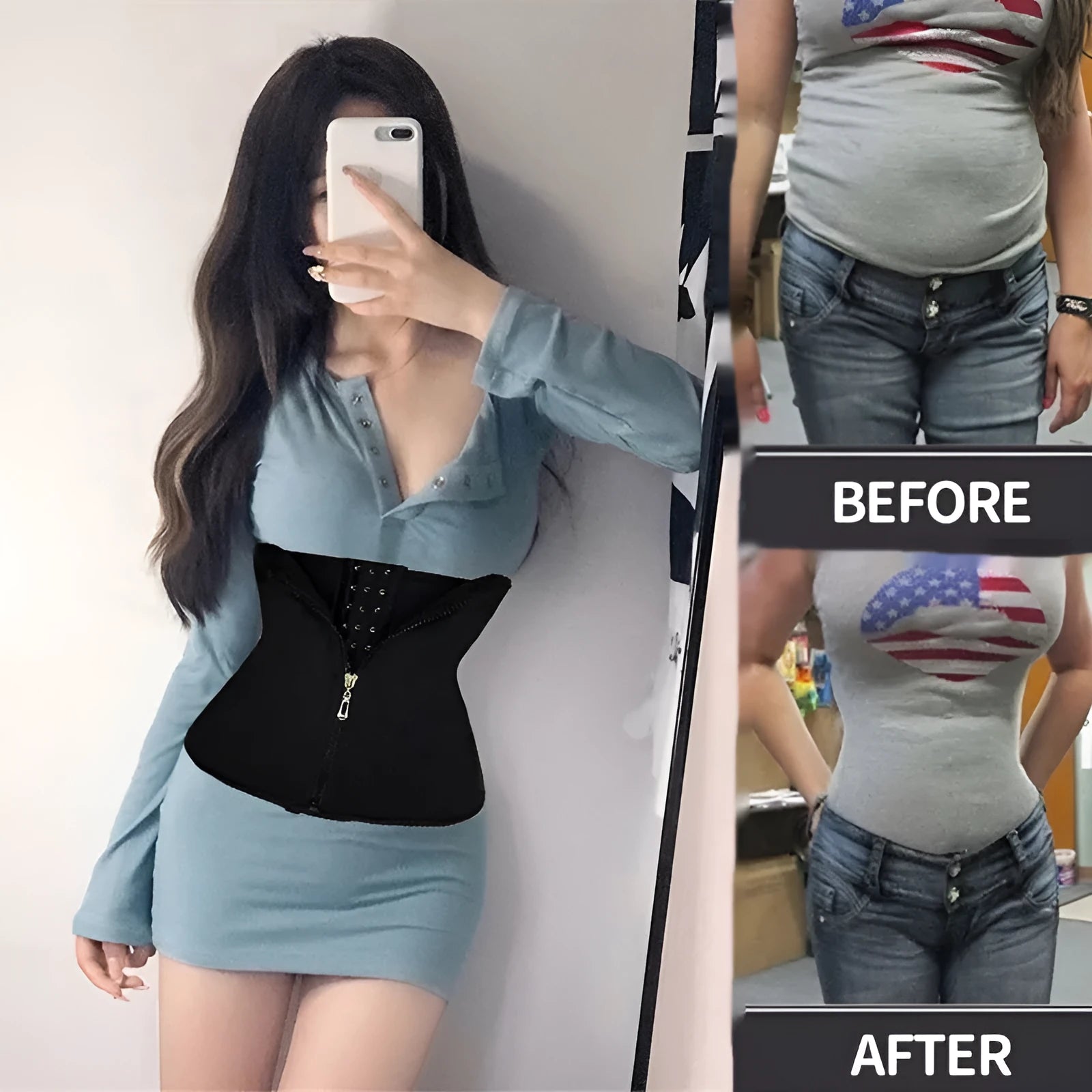 A black neoprene breasted body shaping belly band laid flat, showing its high-waist design.
