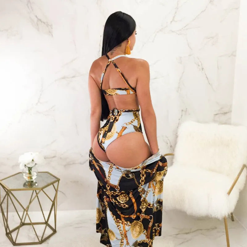 Split high waist bikini in white polyester with retro polka dot print and open back