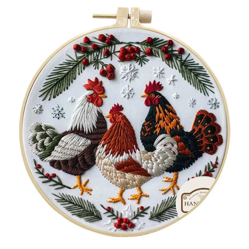 Embroidery kit with 15cm bamboo frame, pink scissors, thread remover, and three chickens cartoon anime design on cotton linen fabric