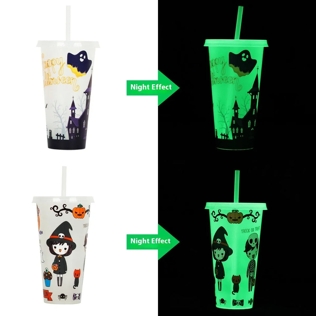 720ml cylindrical plastic sippy cup with luminous straw in assorted colours for Halloween