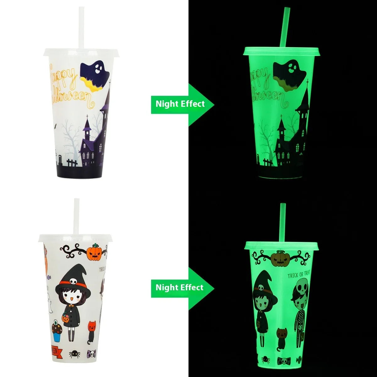 720ml cylindrical plastic sippy cup with luminous straw in assorted colours for Halloween