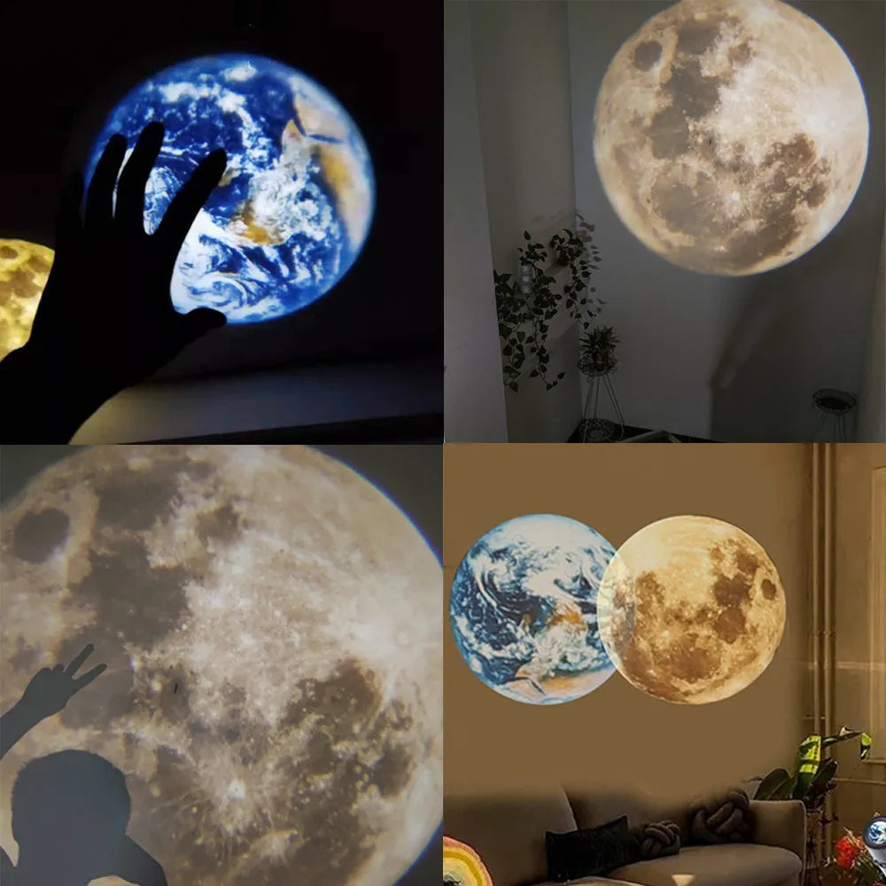 Adjustable Earth and Moon projection night light with USB cable on a desk