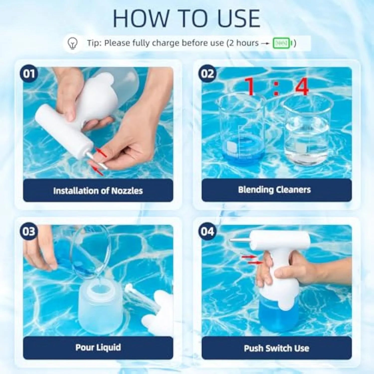 White electric foam soap dispenser with rechargeable battery and dual nozzles for pet bathing and household cleaning