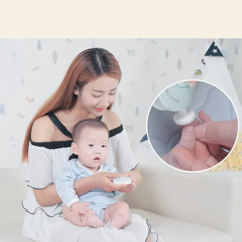 Red and green baby electric nail polisher sets with multiple grinding heads for infant and adult nail care.
