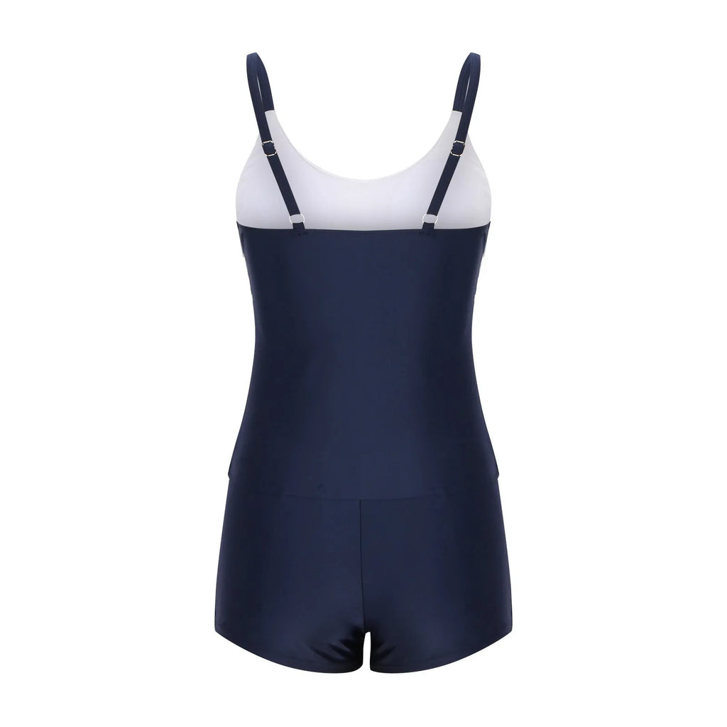 Ladies striped boyshort swimsuit with split leg design in polyester fabric