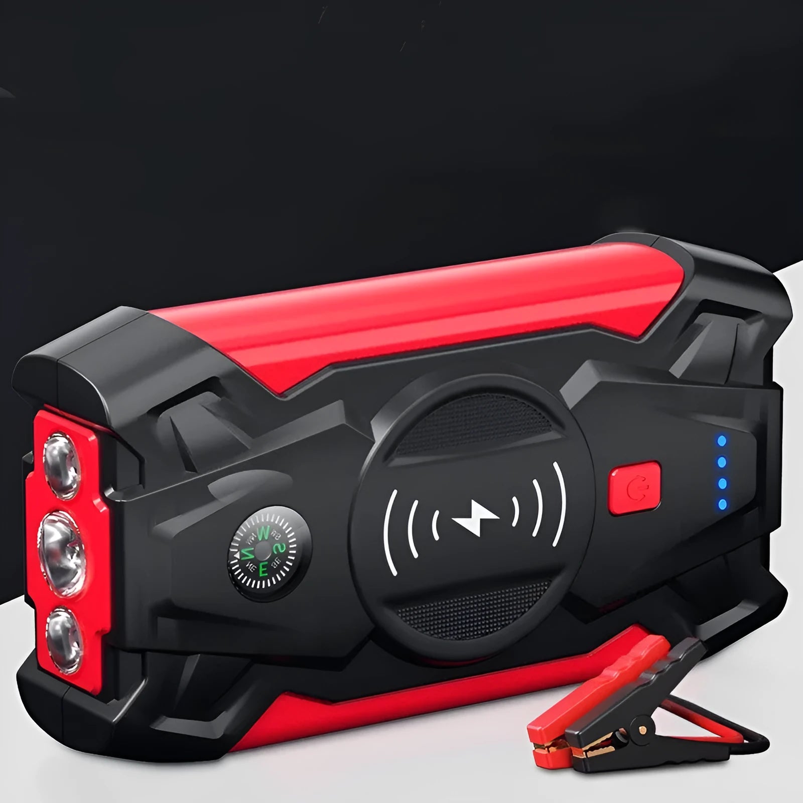 Red portable car jump starter power bank with heavy-duty jumper cables and a storage case.
