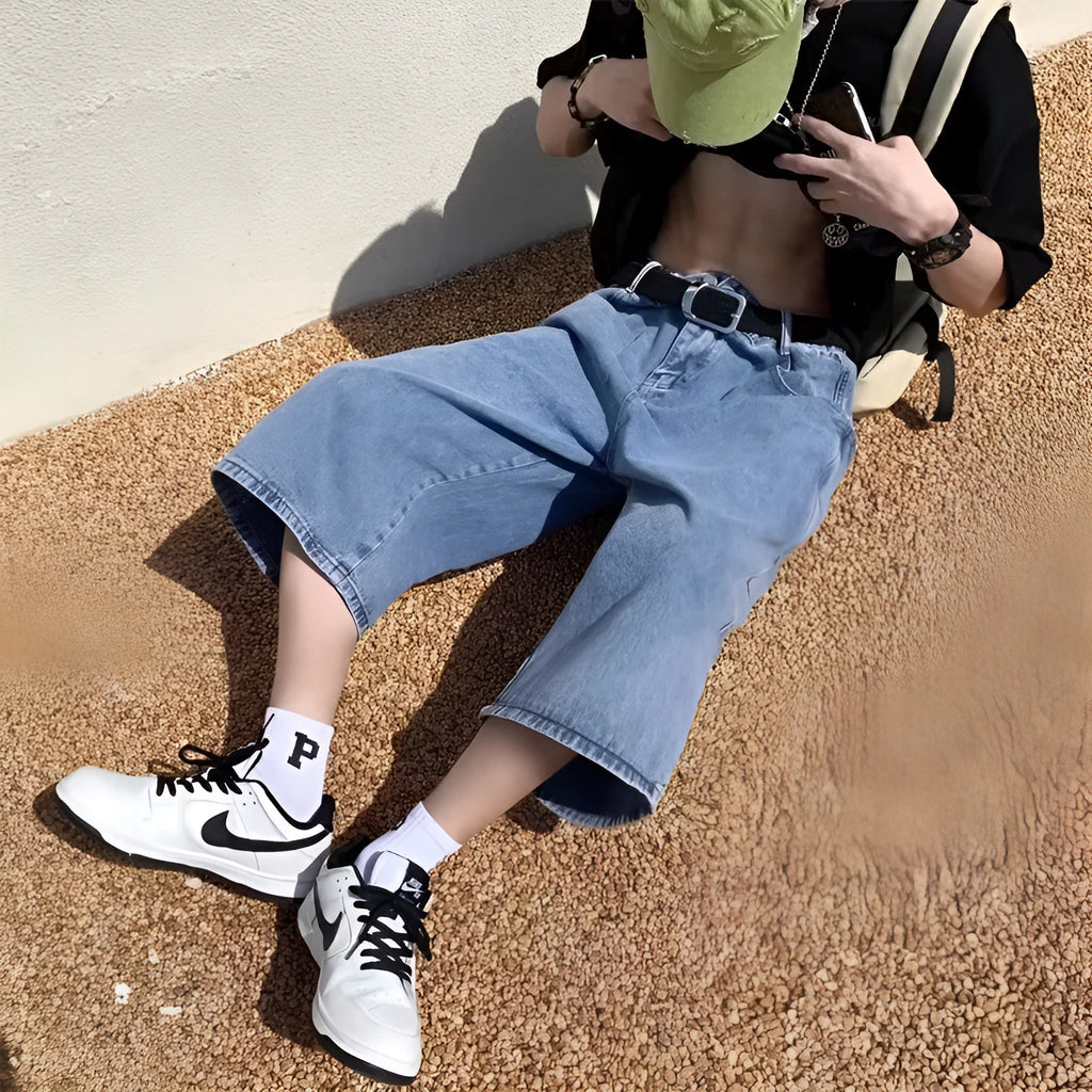 Men's blue denim shorts with high waist and straight leg cropped design