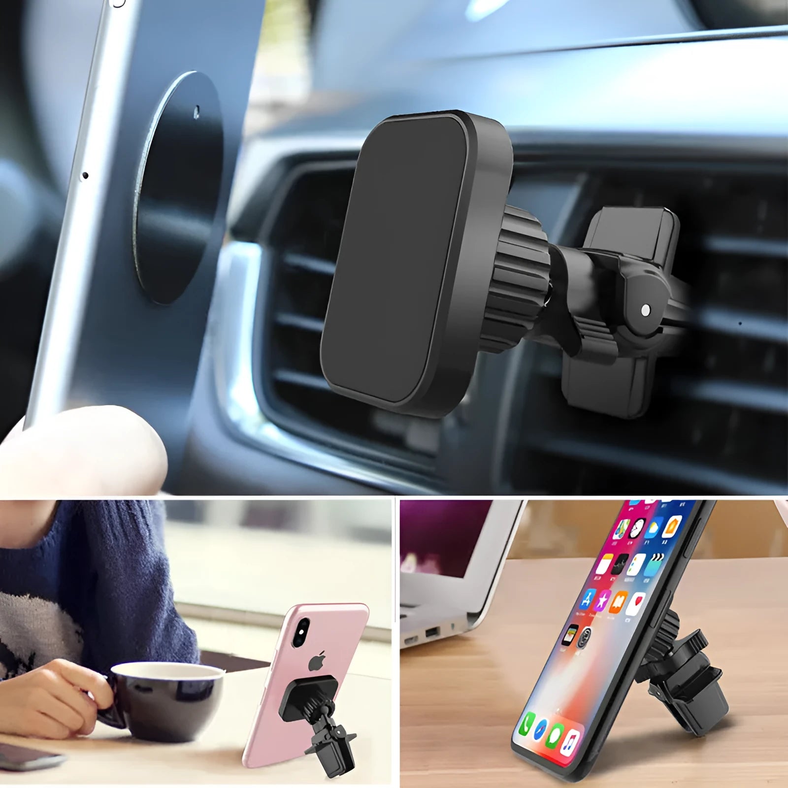 Black magnetic car phone holder mounted on vehicle air vent with adjustable baffle bracket
