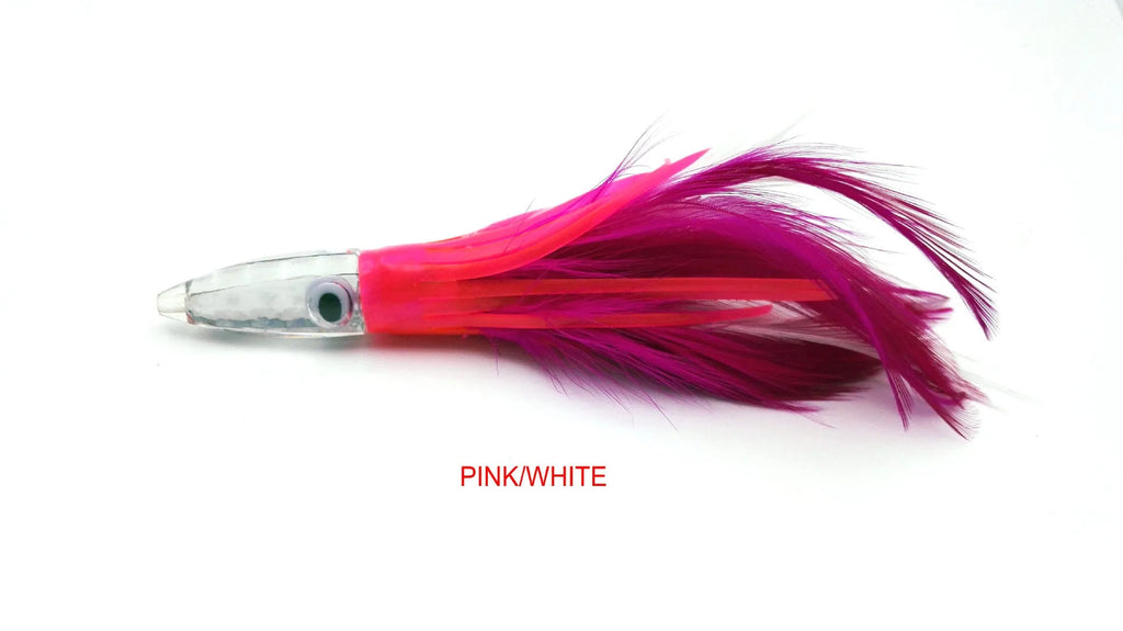 Acrylic sea fishing lure with resin fish head, feathered dress, and octopus headband, 14cm 32g