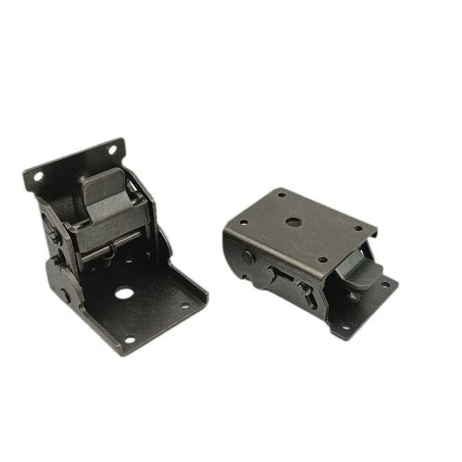 Folding furniture hinge with self-locking mechanism in multiple electroplated finishes including black bronze and matte black.