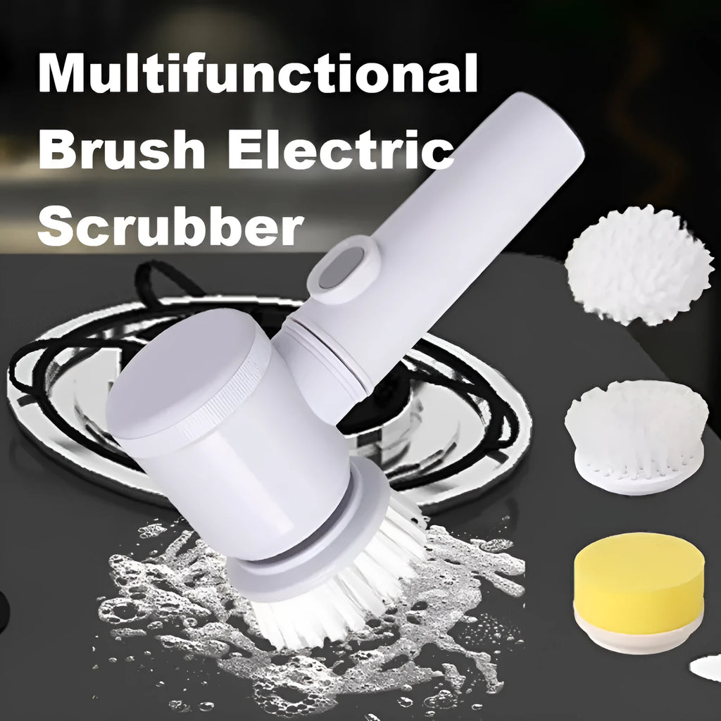 Rechargeable electric dishwashing brush with multiple replaceable brush heads and storage hook