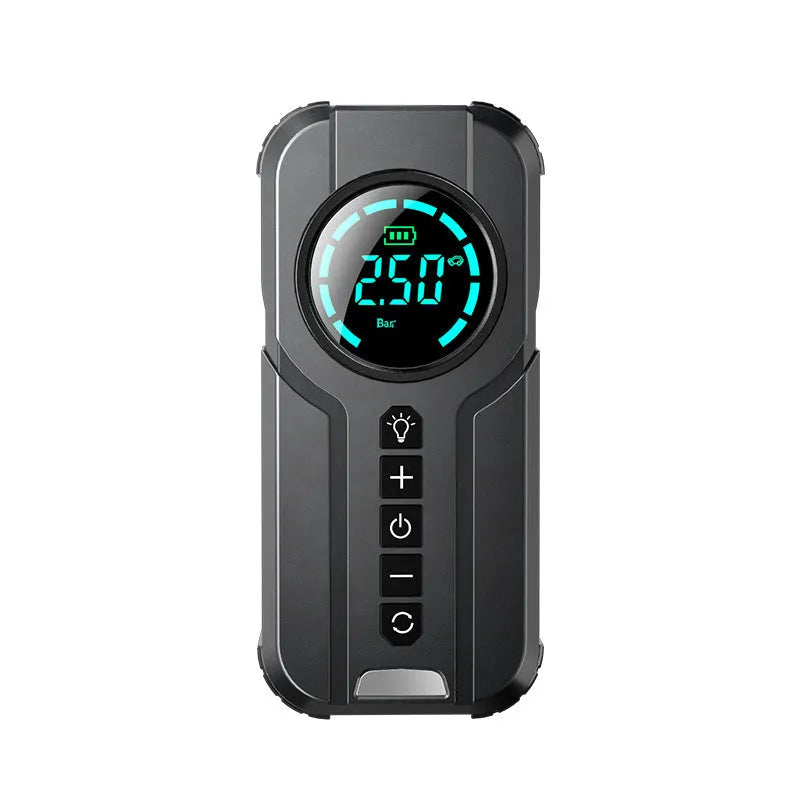 Black portable car air pump with digital display, 6000mAh battery, 3m power cord, and assorted inflation nozzles on a grey background.