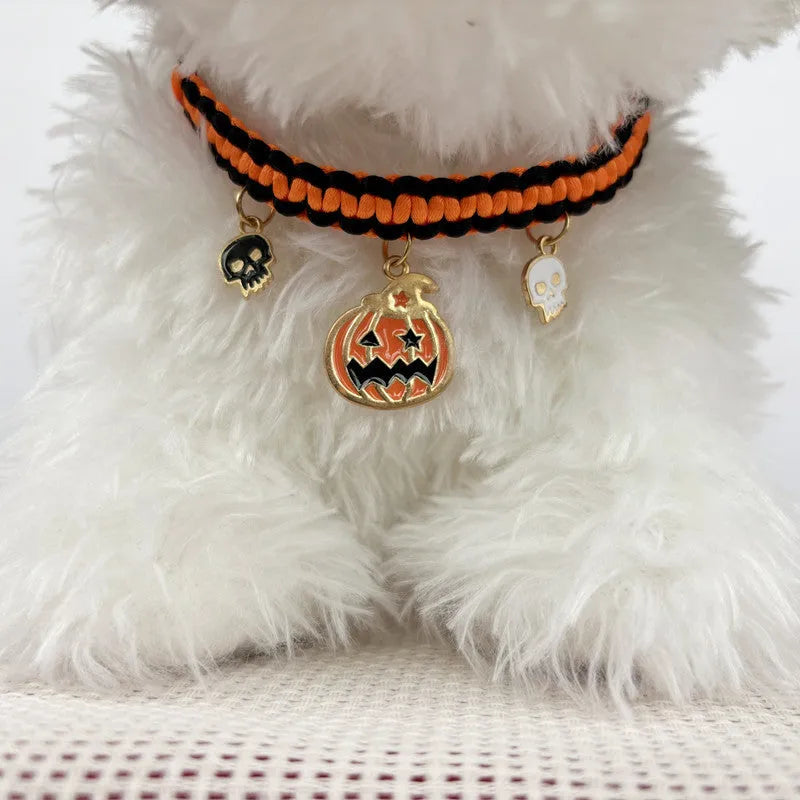 Halloween hand-woven pet collar decoration with geometric pattern and zinc alloy buckle for collars 15-38cm