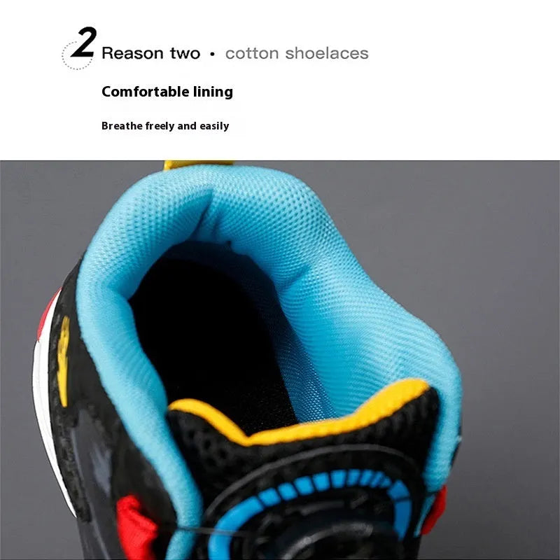 Children's black basketball shoes with rotating button fastening and cushion design
