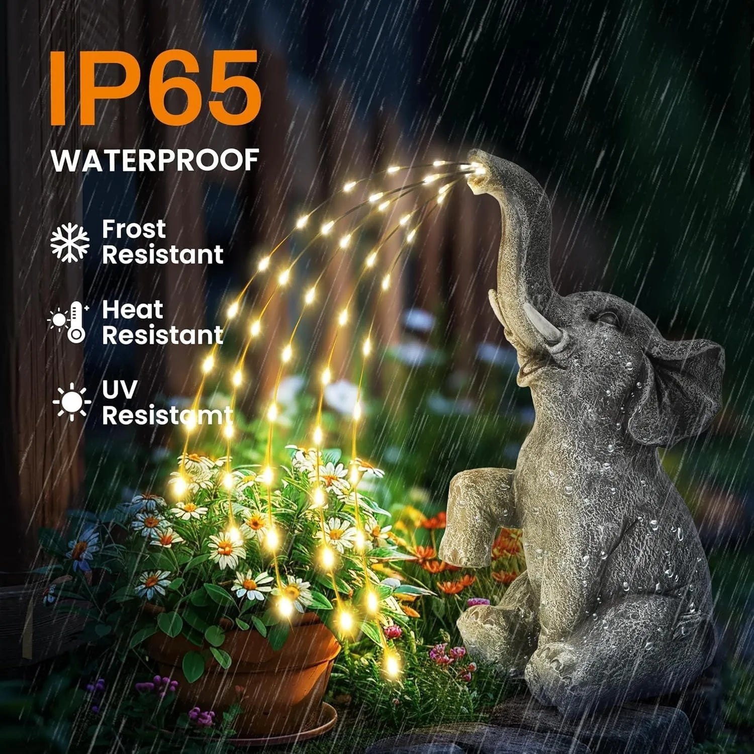 Resin elephant garden statue with built-in LED light strip for outdoor decoration.