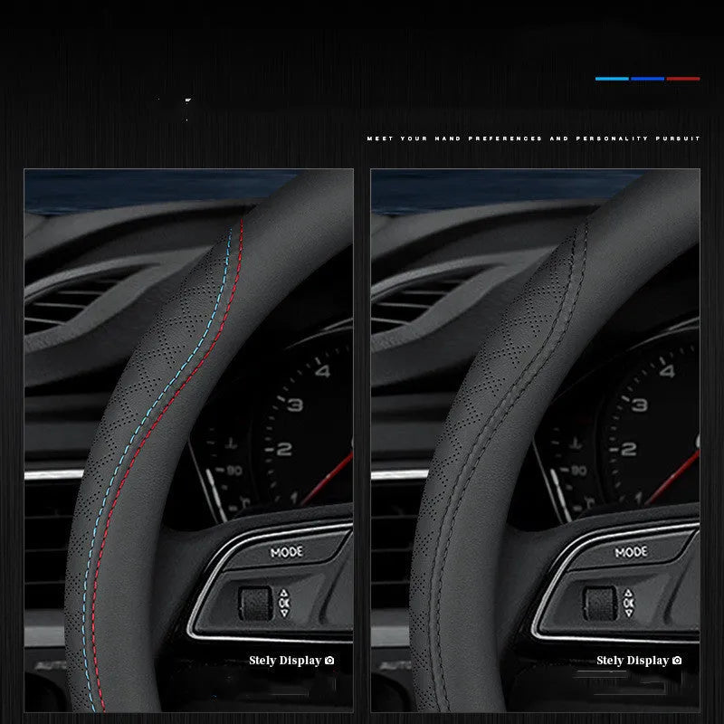Black leather steering wheel cover with coloured stitching, shown fitted on a car wheel.