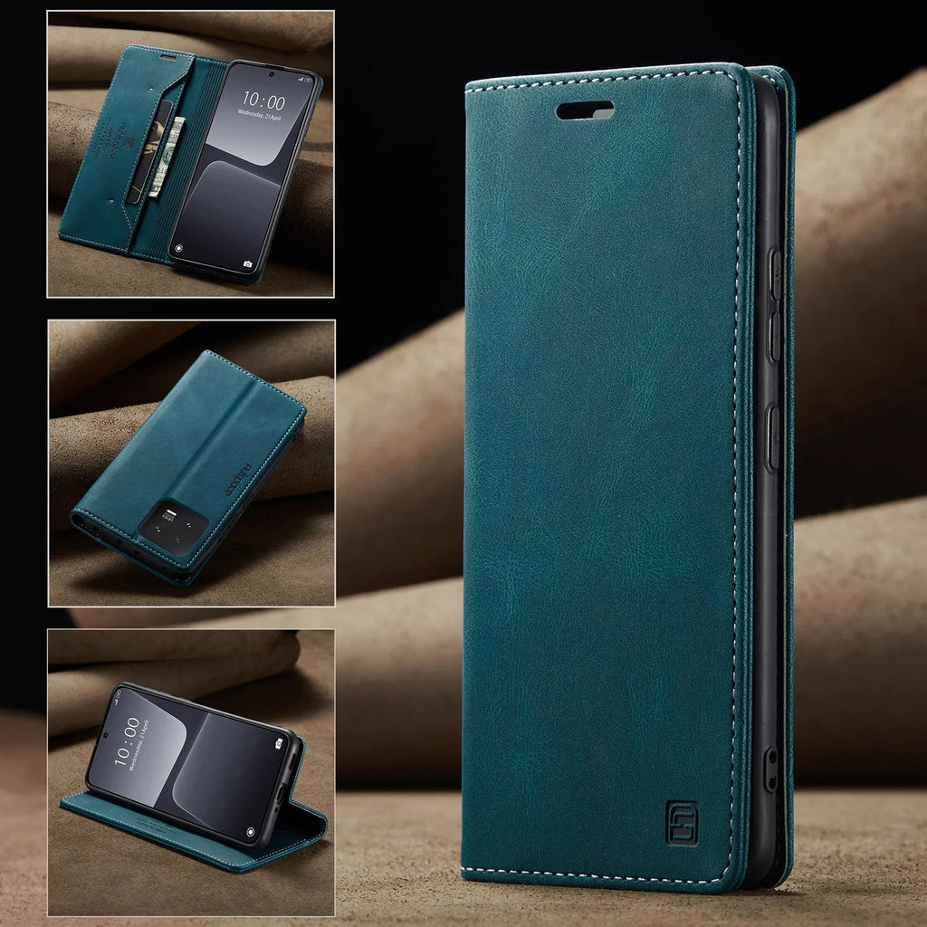 Silicone flip phone case with frosted vintage leather finish for Xiaomi 14 in black