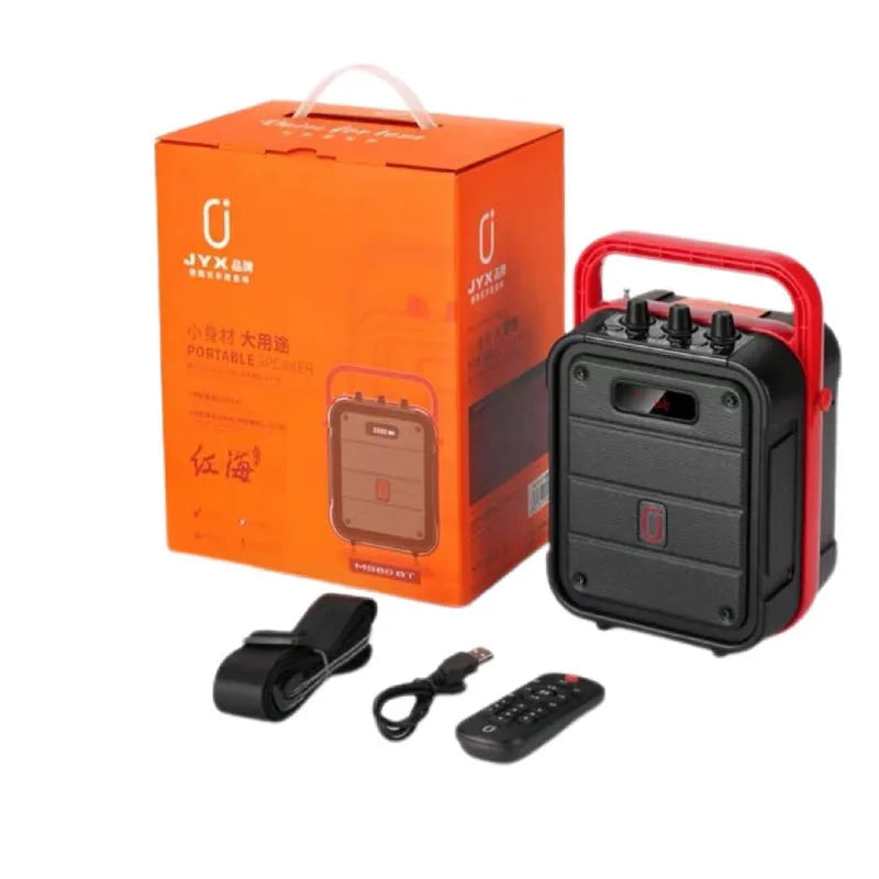 MS62AI portable Bluetooth speaker with wireless microphone, remote control, and shoulder strap