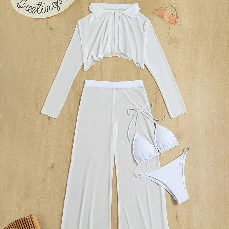 Women's white swimsuit four-piece set showing high-waist trousers and backless top