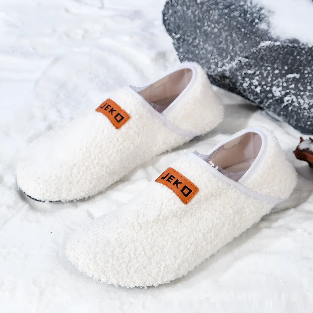 Women's cosy indoor slippers with teddy fleece upper, fleece lining, and TPR anti-slip sole, available in white, gray, and black