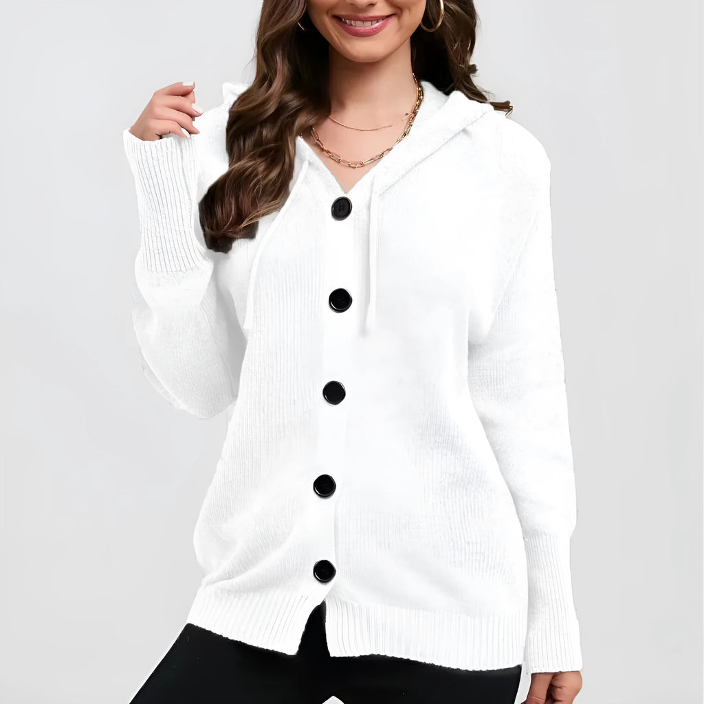 Women's loose fit cotton hooded cardigan sweater in a solid colour with textured pattern.