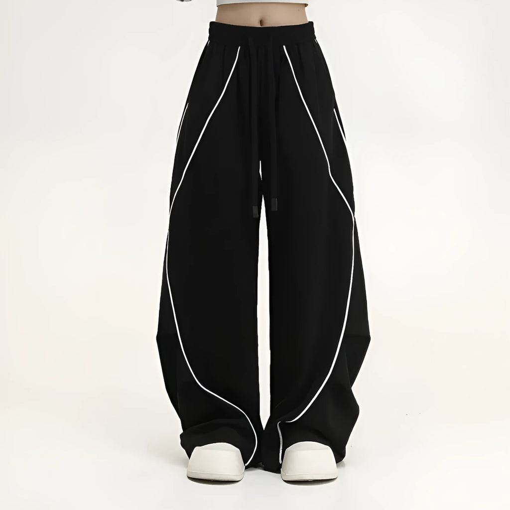 Black striped pleated hip hop wide-leg pants with mid waist and loose fit design