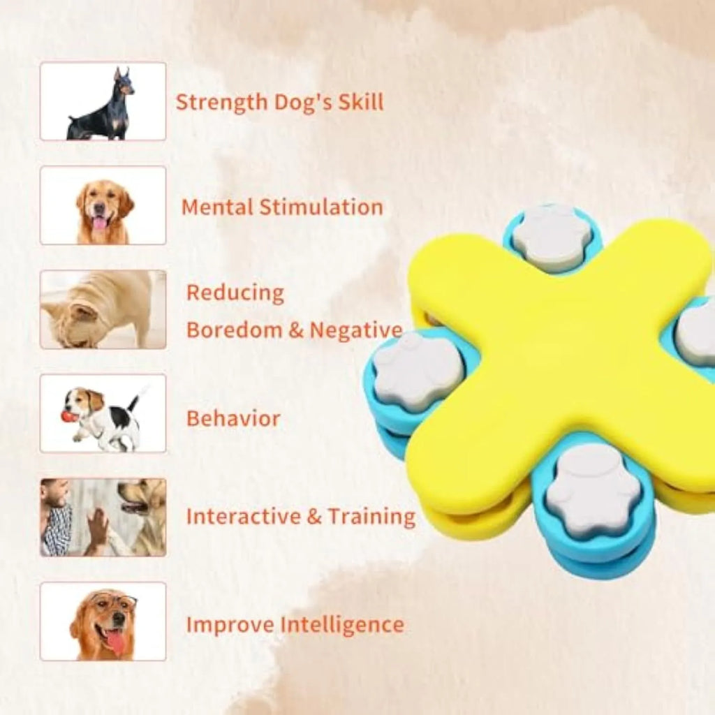 Yellow three-layer rotating dog puzzle feeder toy with non-slip base