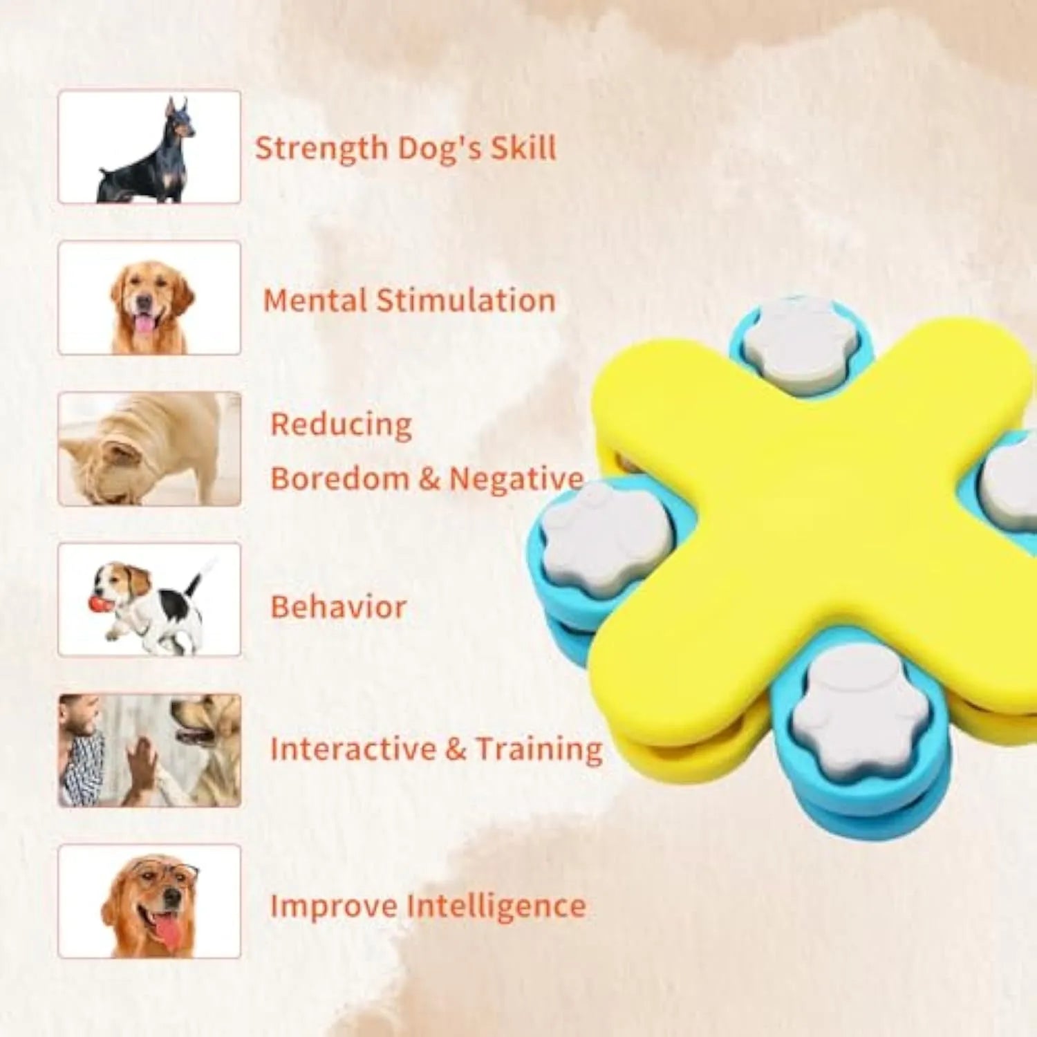 Yellow three-layer rotating dog puzzle feeder toy with non-slip base