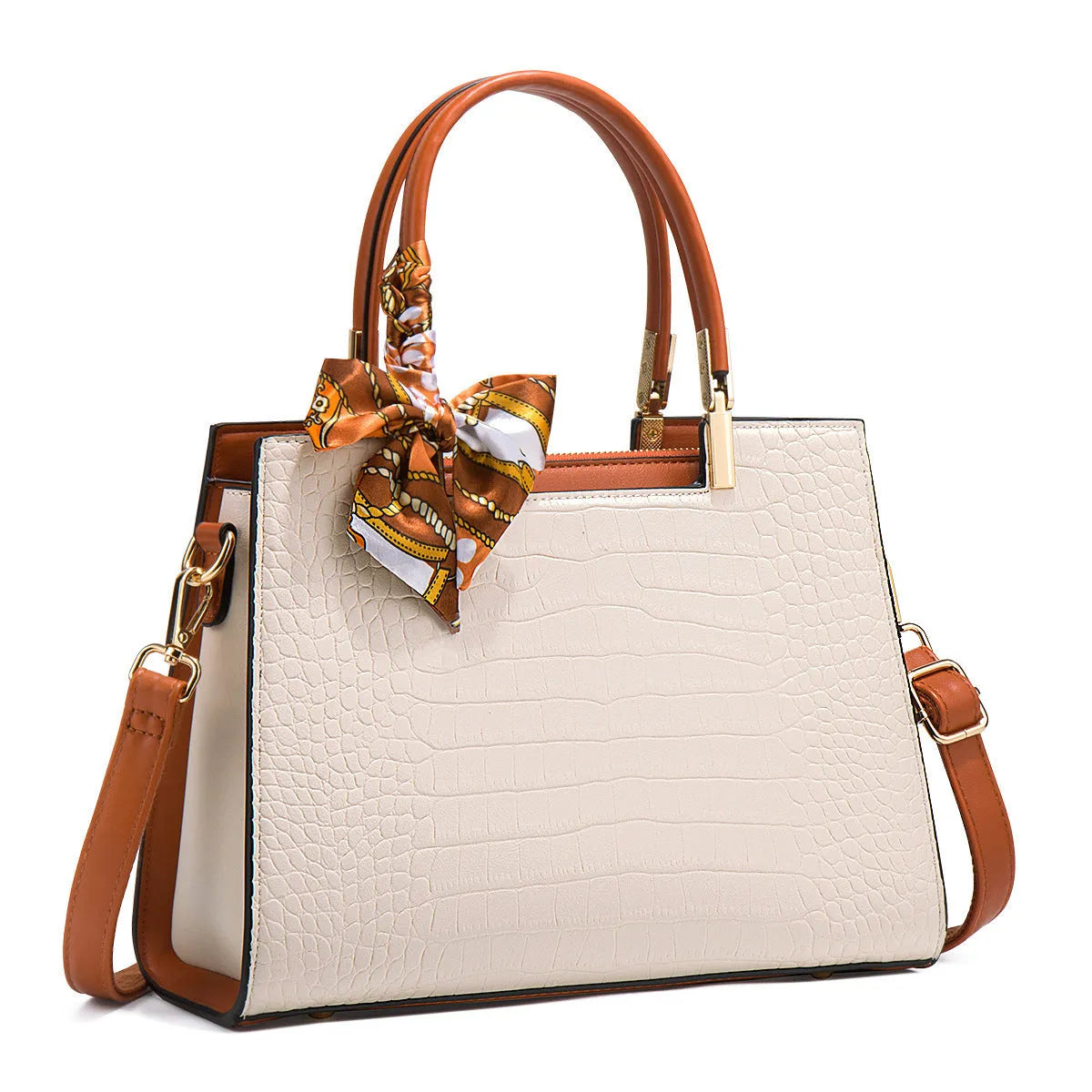 Milky white women's large-capacity PU shoulder handbag with sewing lines and multiple compartments.