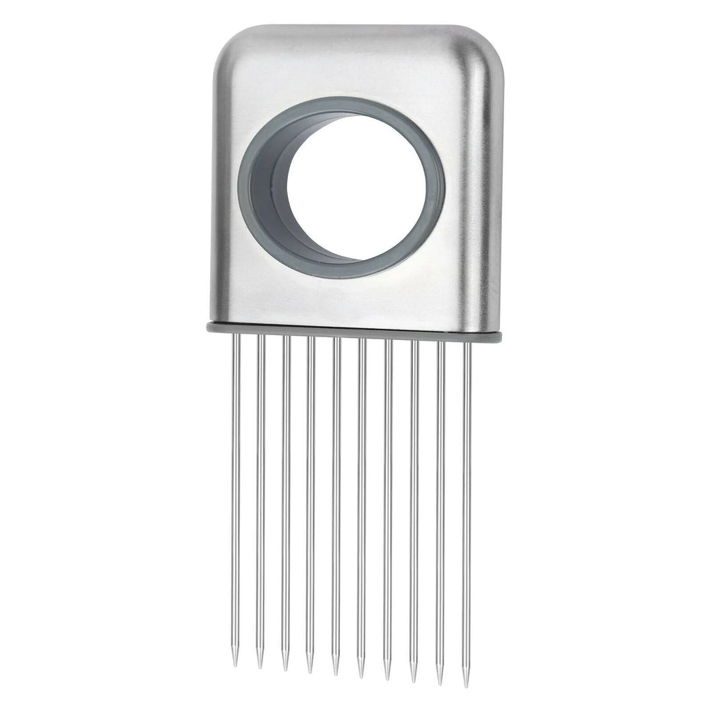 Stainless steel onion holder slicer kitchen tool with sharp prongs and finger guard on a cutting board.