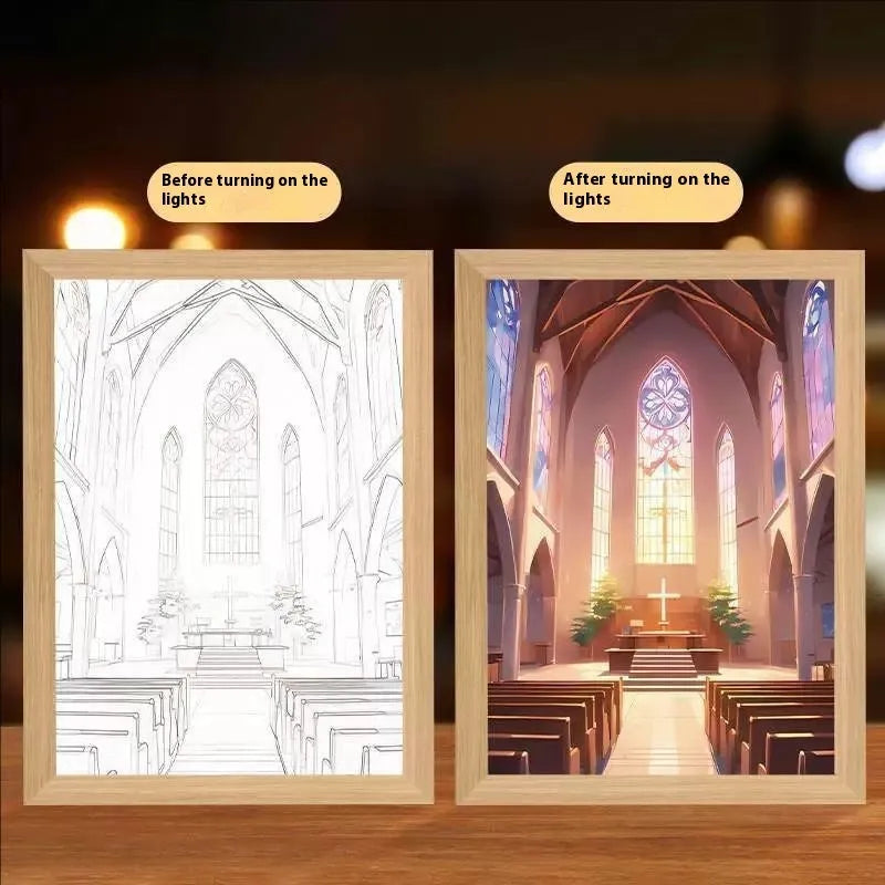 Modern rectangle LED light painting frame with illuminated artwork on man-made board.