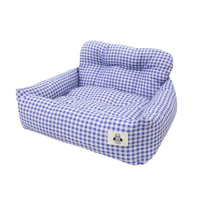 Grey and blue plaid cloth car pet bed for dogs shown in small and large size options.