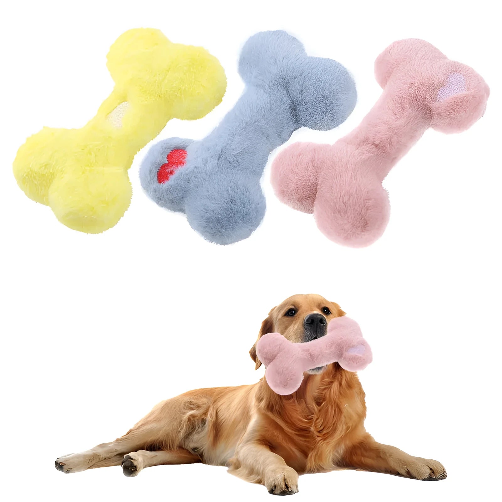 Cute plush love bone dog toy with a squeaker in blue, pink, and yellow colours.
